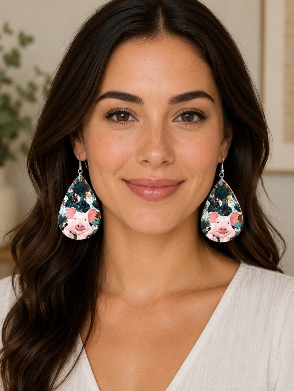 Faux‎ leather piggy sunflower print dangle light weight earrings